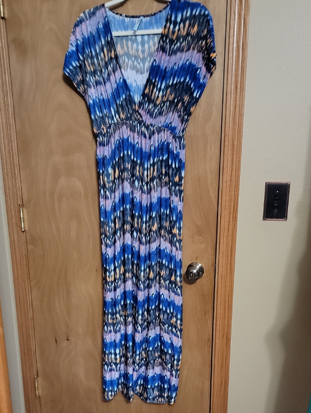Blue Multi-Stripe V-Neck Maxi Dress with Elastic Waistband